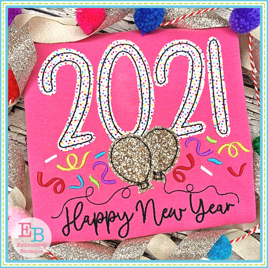 Happy New Year 2021 Bean Stitch Applique, Applique