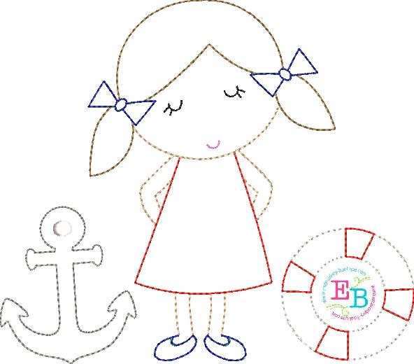 Sailor Girl Scene Bean Stitch Applique, Applique